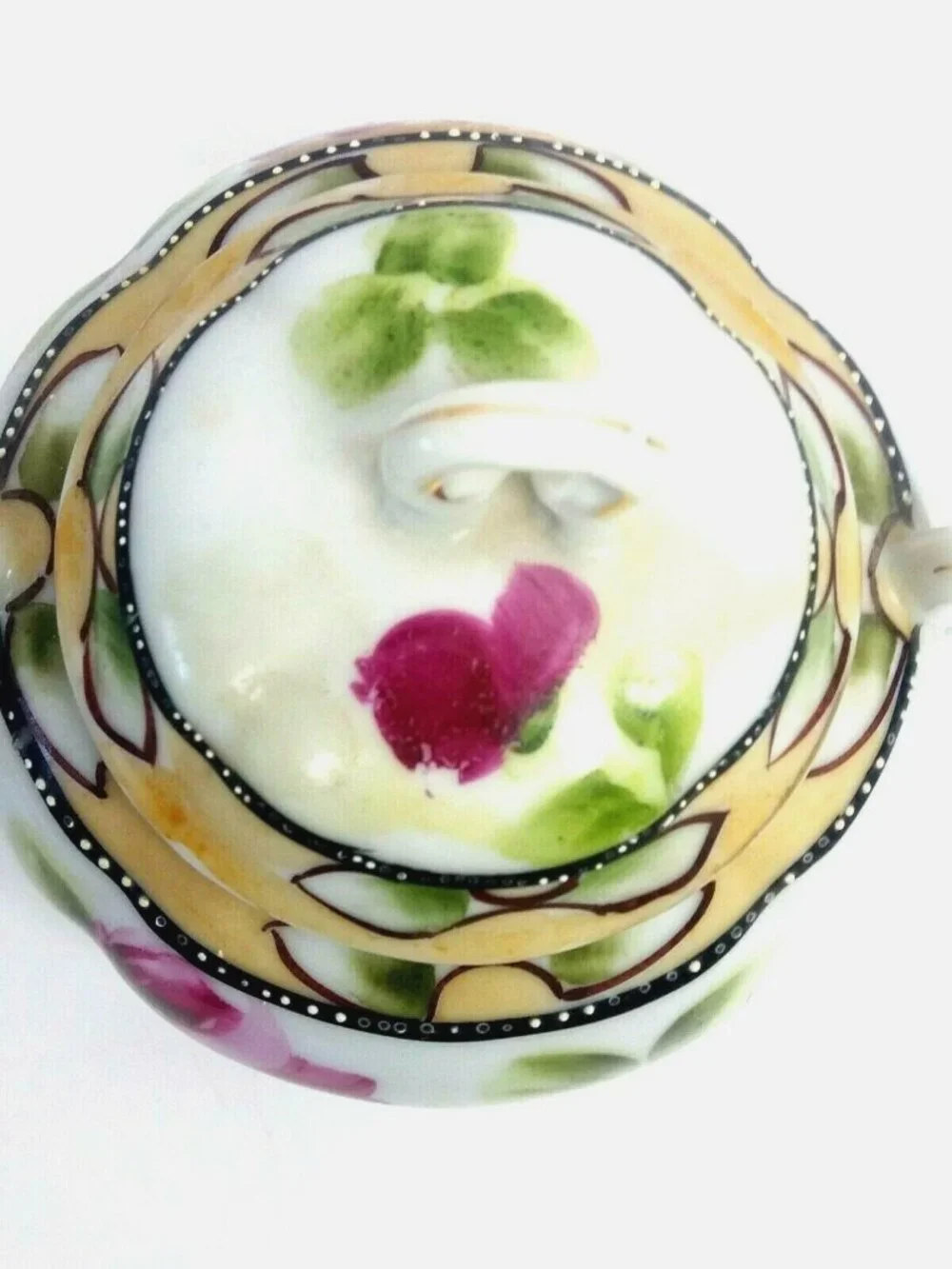 Japan Moriage Sugar Bowl lid Porcelain Double Handle Floral READ Flaw